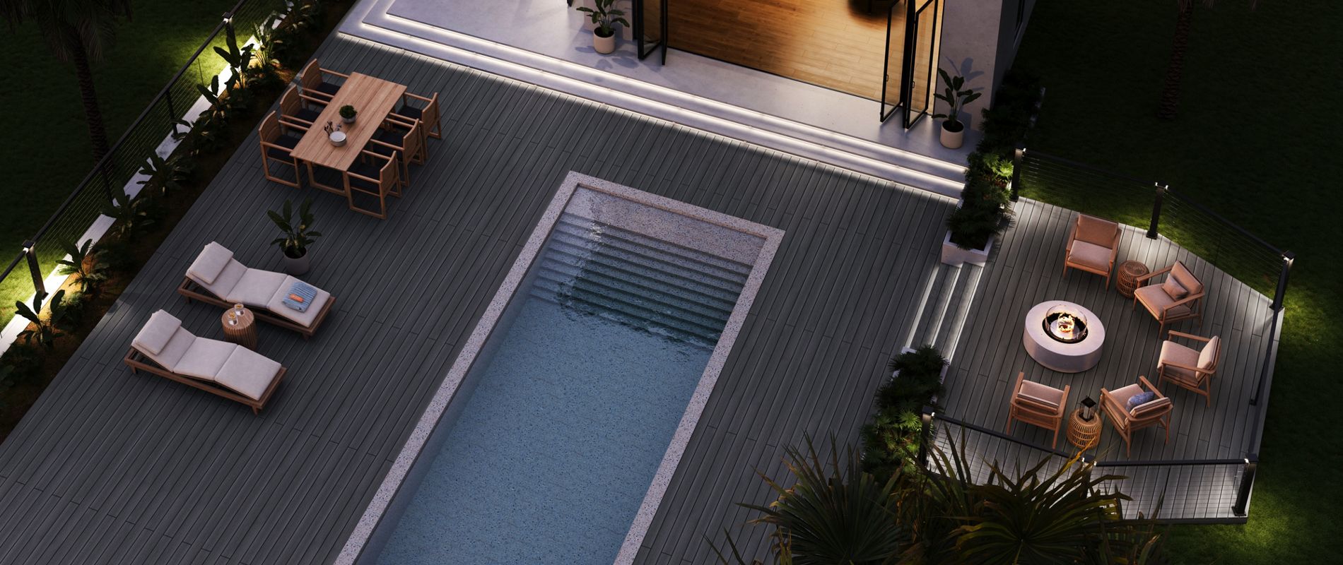 Aerial overview of a Trex Deck lit up at night